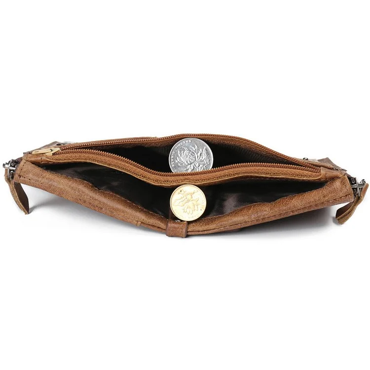 Estilo Retro Capa Superior Cuero Cuero Crazy Horse Grain Tarjetas Slots Monedero Monedero Zipper Wallet - Café
