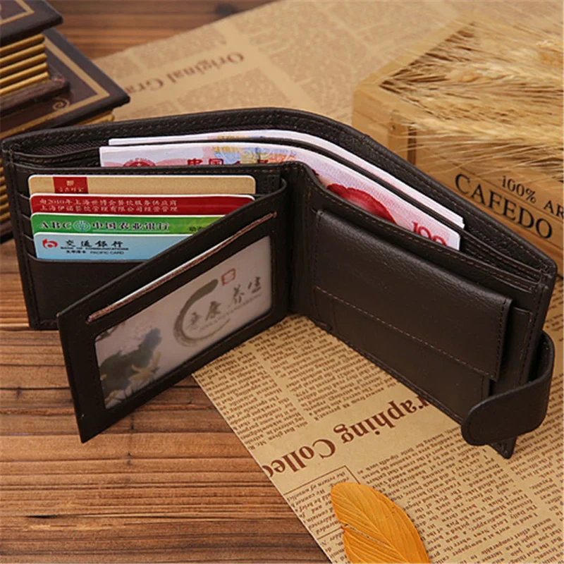 JINBAOLAI Retro Style Cowhide Leather Bi-fold Multi Card Slots Purse Men's Short Wallet - Coffee