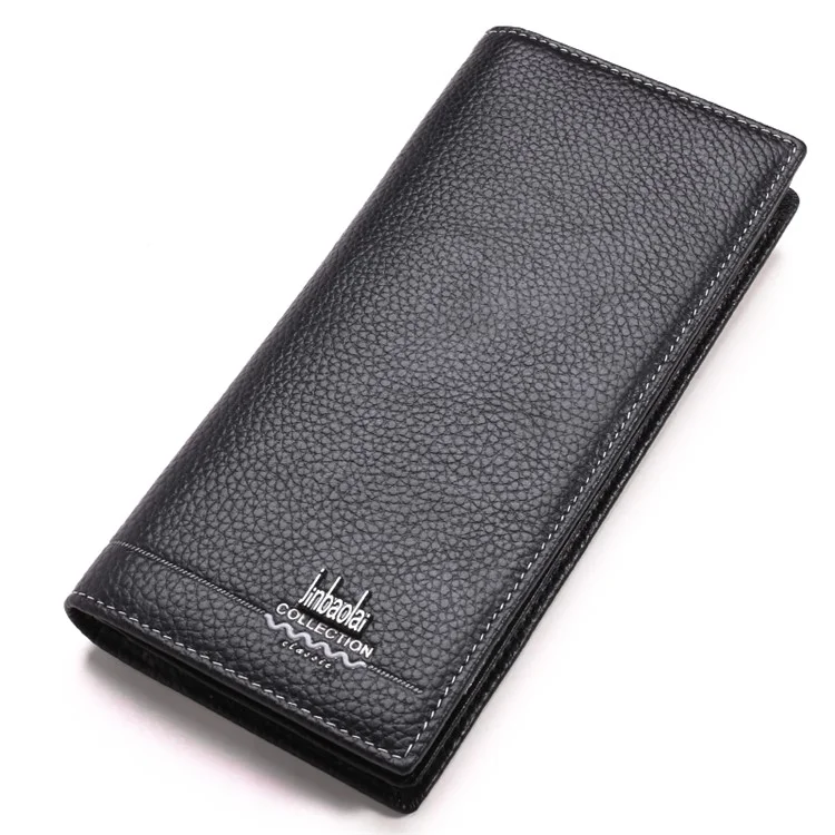 JINBAOLAI Vintage Litchi Texture Top Layer Cowhide Leather Long Wallet for Men - Black
