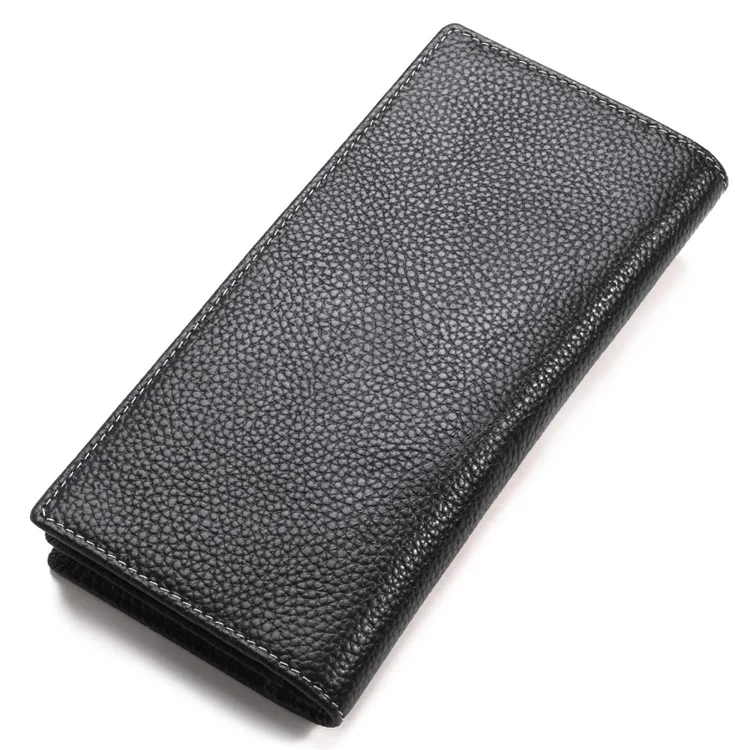 JINBAOLAI Vintage Litchi Texture Top Layer Cowhide Leather Long Wallet for Men - Black