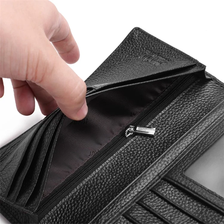 JINBAOLAI Bi-fold Retro Style Litchi Texture Genuine Leather Long Wallet for Men - Black