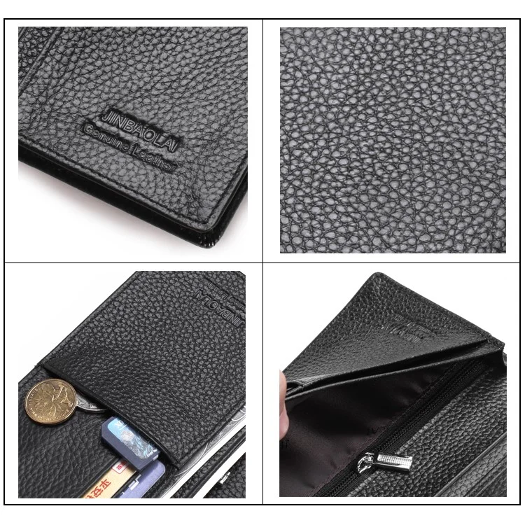 JINBAOLAI Bi-fold Retro Style Litchi Texture Genuine Leather Long Wallet for Men - Black