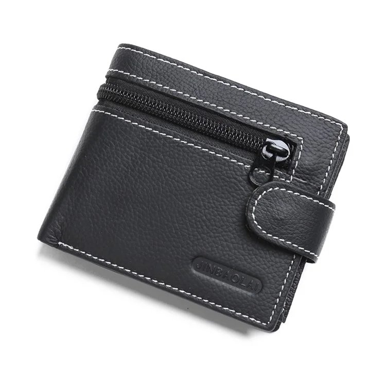 JINBAOLAI Genuine Cowhide Leather Purse Bi-fold Cards Casual Business Wallet for Men - Black