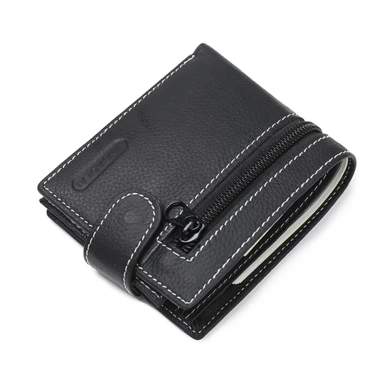 JINBAOLAI Genuine Cowhide Leather Purse Bi-fold Cards Casual Business Wallet for Men - Black