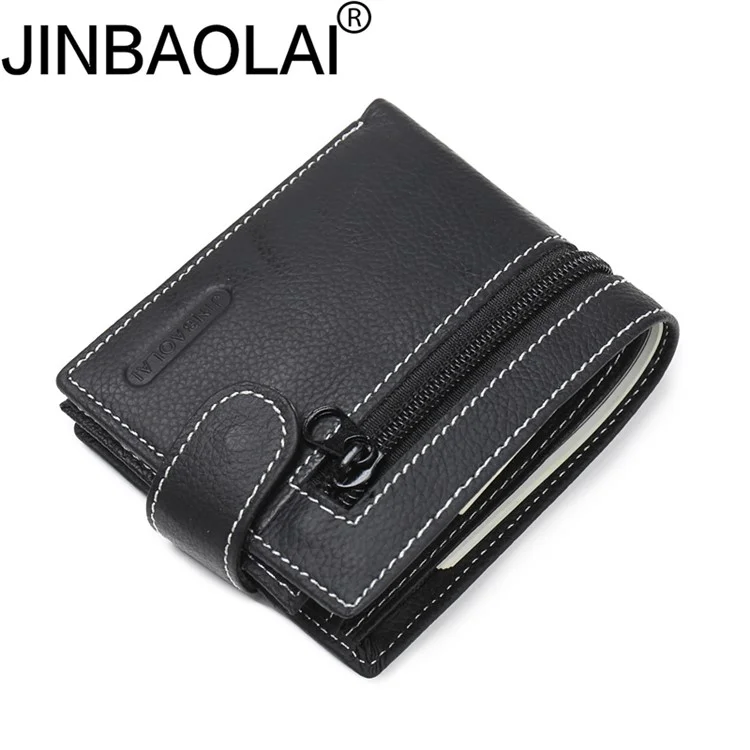 JINBAOLAI Genuine Cowhide Leather Purse Bi-fold Cards Casual Business Wallet for Men - Black
