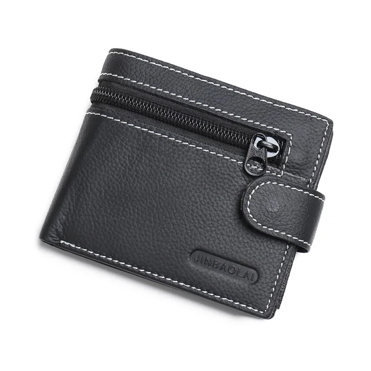JINBAOLAI Genuine Cowhide Leather Purse Bi-fold Cards Casual Business Wallet for Men - Black