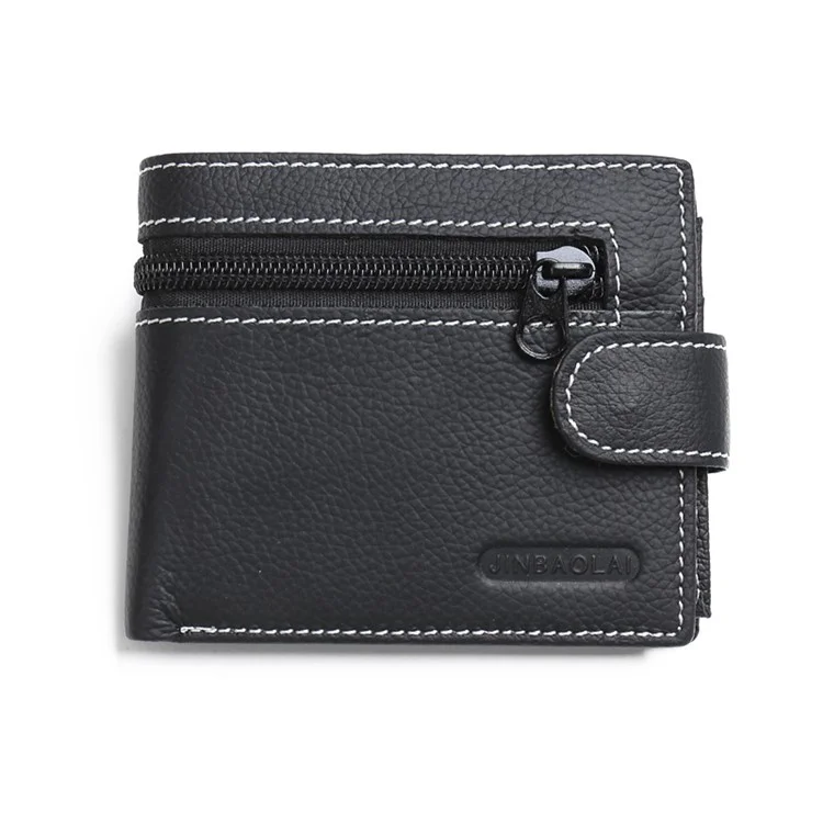 JINBAOLAI Genuine Cowhide Leather Purse Bi-fold Cards Casual Business Wallet for Men - Black
