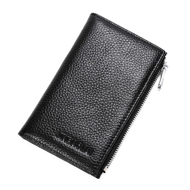 JINBAOLAI Vintage Litchi Texture Genuine Leather Zippered Wallet for Men - Black