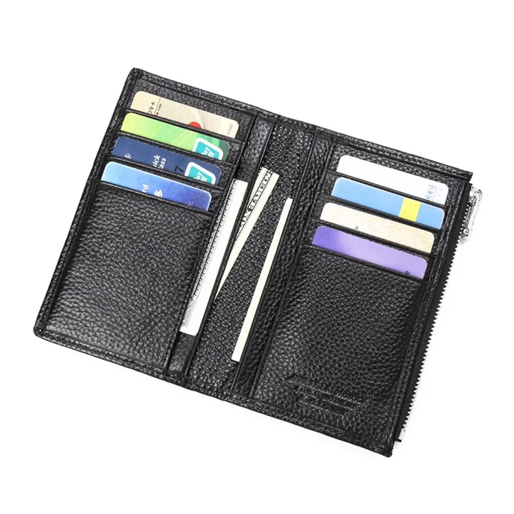 JINBAOLAI Vintage Litchi Texture Genuine Leather Zippered Wallet for Men - Black