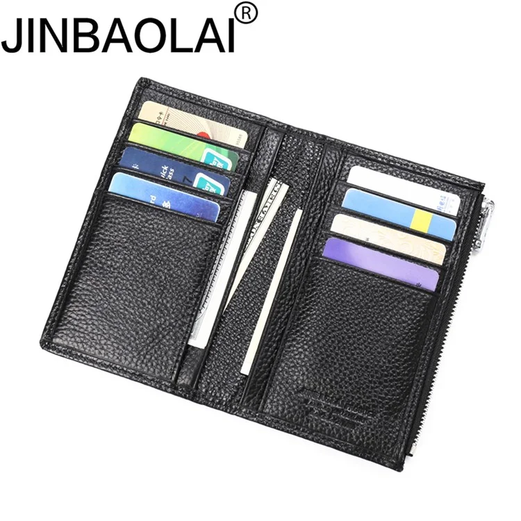 JINBAOLAI Vintage Litchi Texture Genuine Leather Zippered Wallet for Men - Black