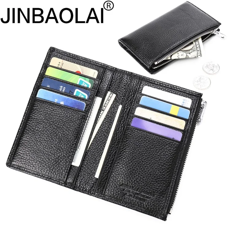 JINBAOLAI Vintage Litchi Texture Genuine Leather Zippered Wallet for Men - Black