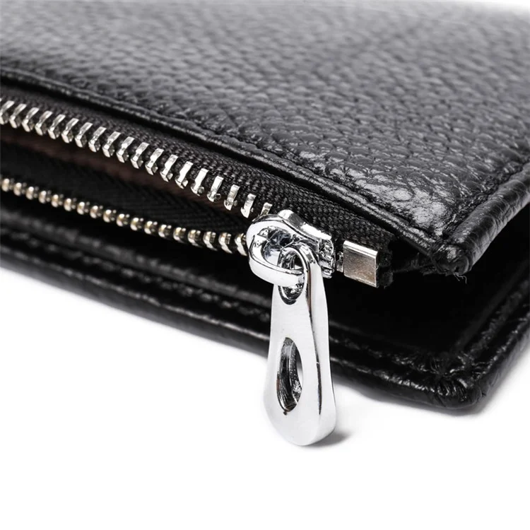 JINBAOLAI Vintage Litchi Texture Genuine Leather Zippered Wallet for Men - Black