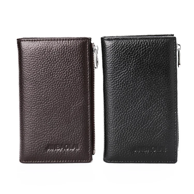 JINBAOLAI Vintage Litchi Texture Genuine Leather Zippered Wallet for Men - Black