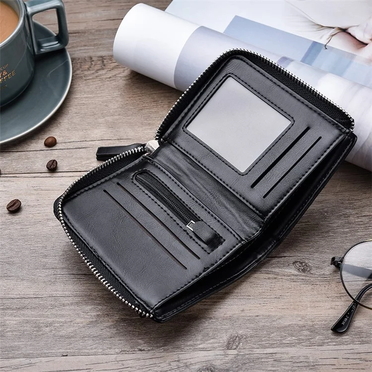 Men Stylish PU Leather Purse Zipper Wallet - Black