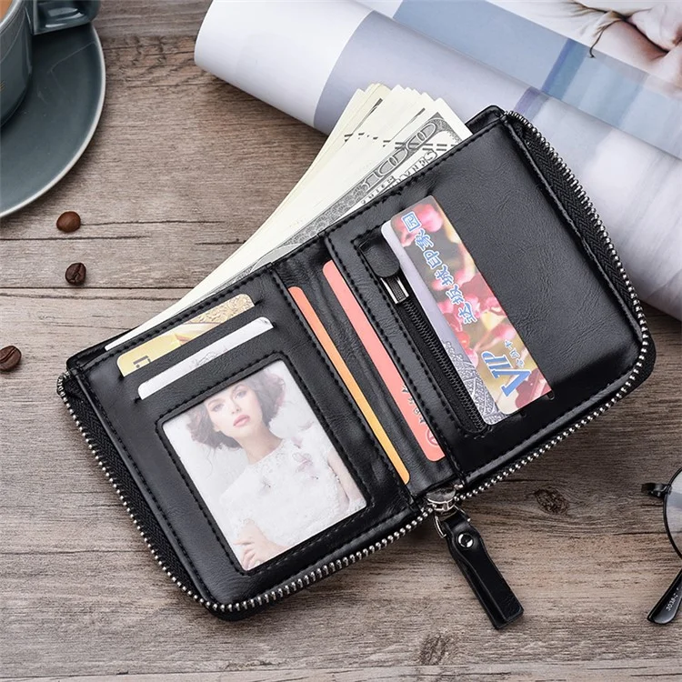 Bolsa de cuero de billetera para hombres con cremallera, de estilo casual - Negro