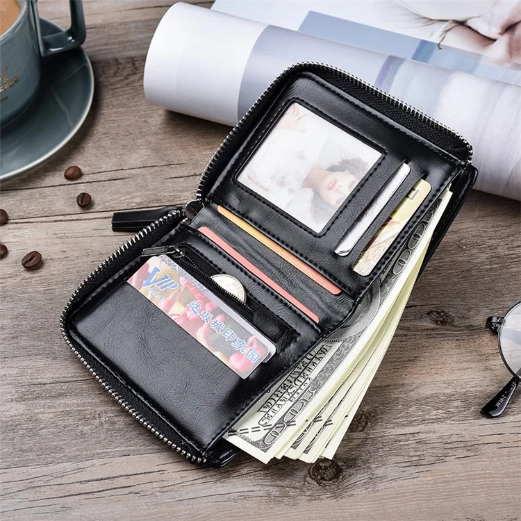 Bolsa de cuero de billetera para hombres con cremallera, de estilo casual - Negro