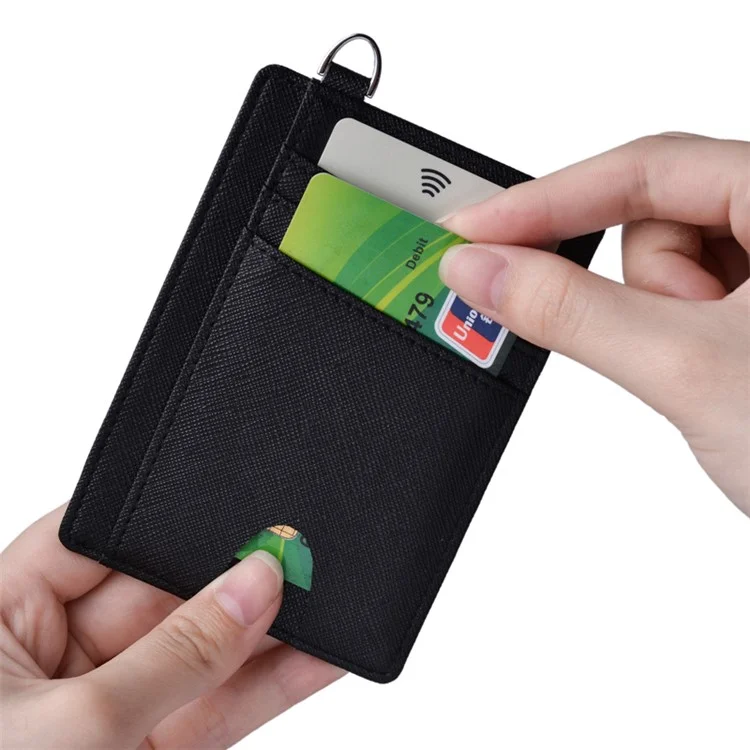 Cross Skin Anti-magnetic RFID ID Card Bank Card Anti-Theft Swiping Wallet Pocket Bus Card Bag with Ring - Black