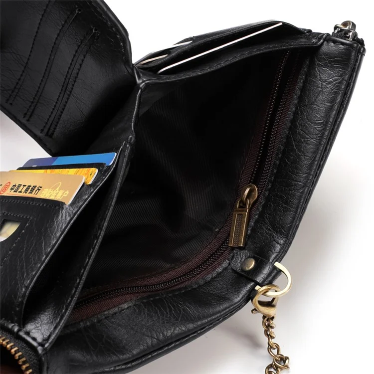 Retrô Double Zipper Multi Card Slots Carteira Botão Snap Botão Moeda Bolsa Com Corrente De Metal - Preto