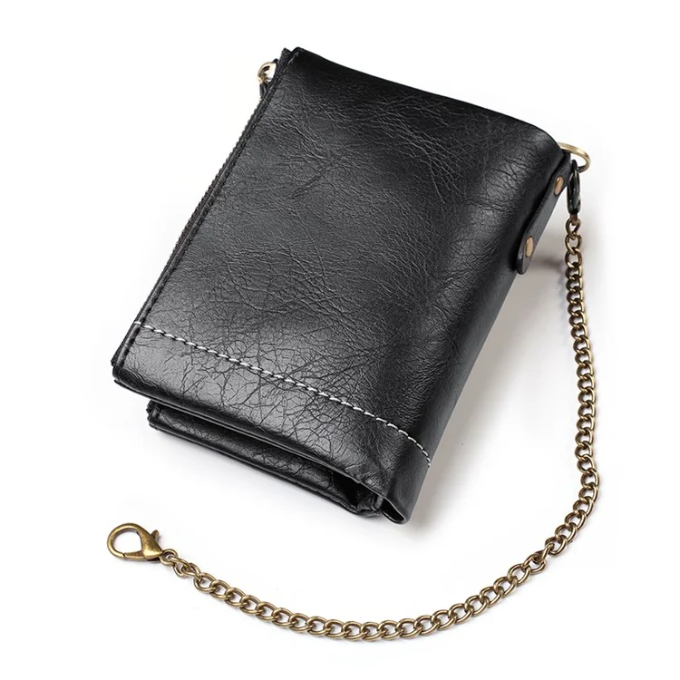 Retro Double Zipper Multi Card Slots Wallet Snap Button Coin Purse with Metal Chain - Black