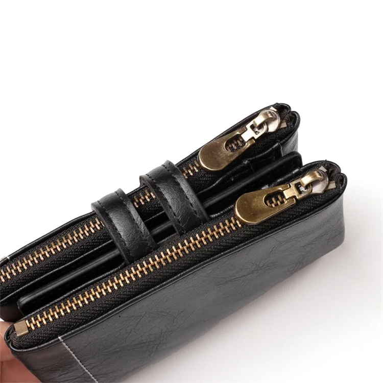 Retrô Double Zipper Multi Card Slots Carteira Botão Snap Botão Moeda Bolsa Com Corrente De Metal - Preto