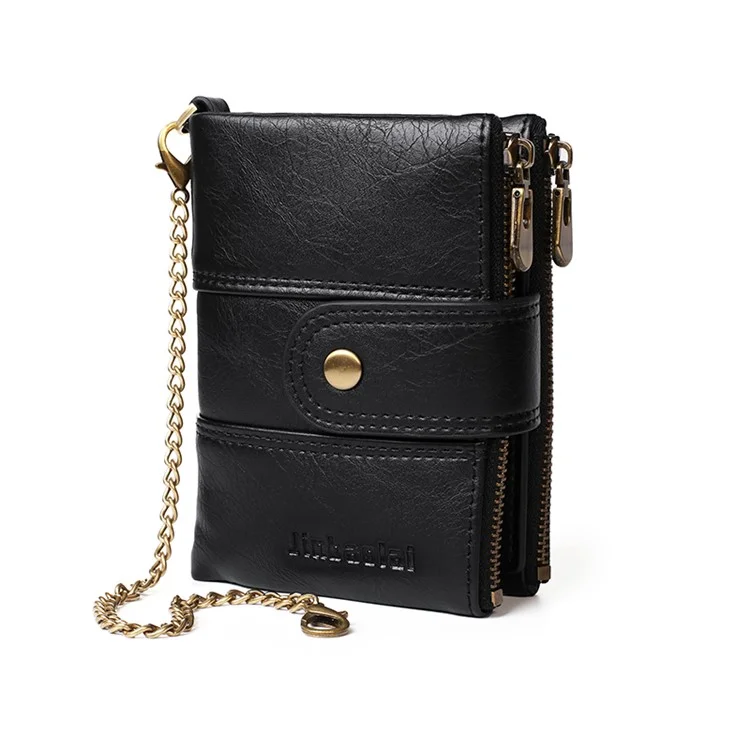 Multi Card Slots Zipper Pouch Wallet Snap Button Design PU Leather Coin Purse with Metal Chain - Black