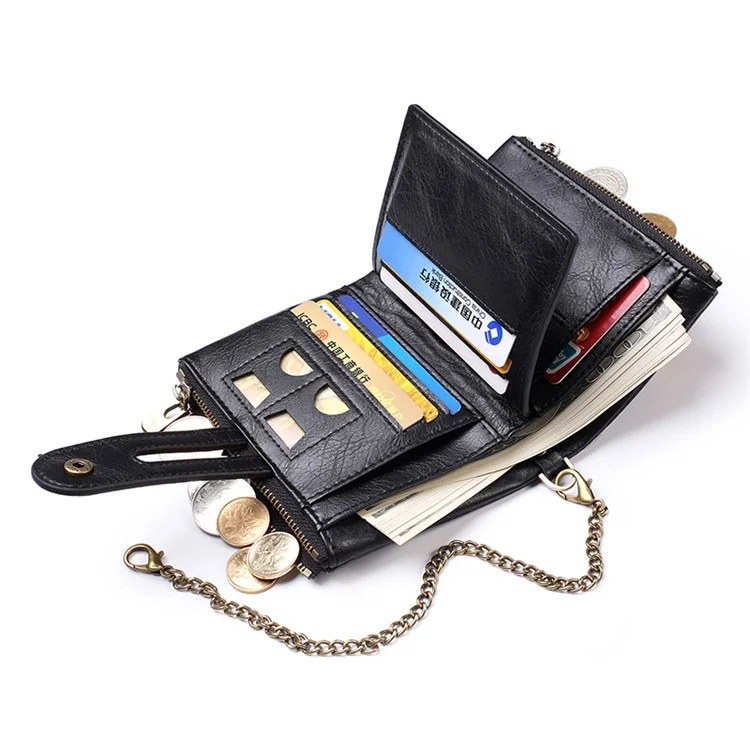 Multi Card Slots Zipper Pouch Wallet Snap Button Design PU Leather Coin Purse with Metal Chain - Black