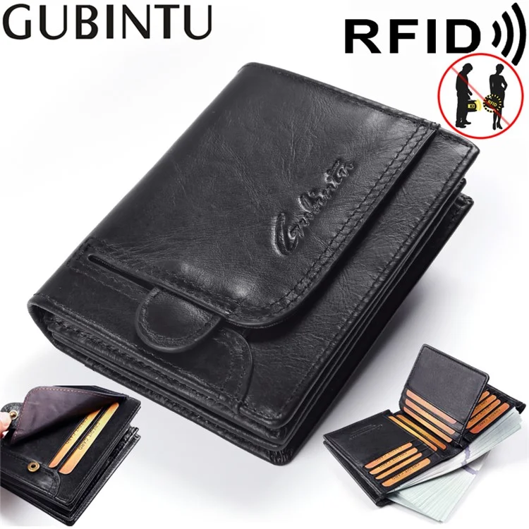 GUBINTU Cartera Corta de Piel de Vaca de Capa Superior con Bloqueo RFID para Hombres - Negro
