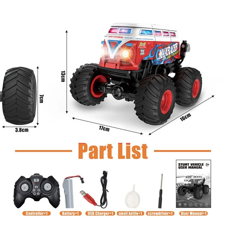 KY-S201B 1 / 20 Stunt School Bus Light Music Mist Spray Remote Control Toy Car - Red