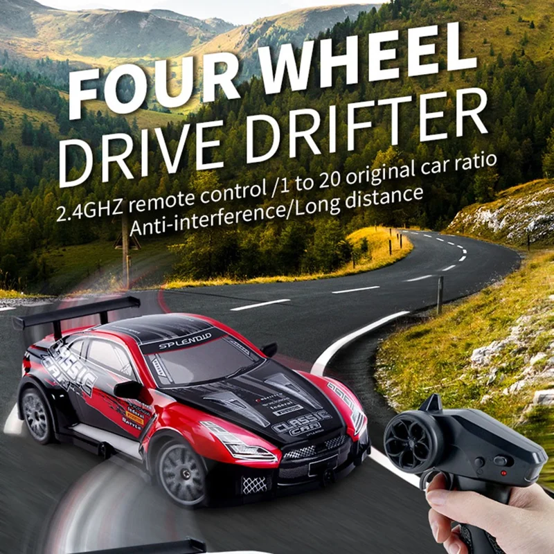 KY-S205 GTR Style 1 / 20 4WD RC High Speed Drift Car with Light Remote Control Toy Car - Black+Blue