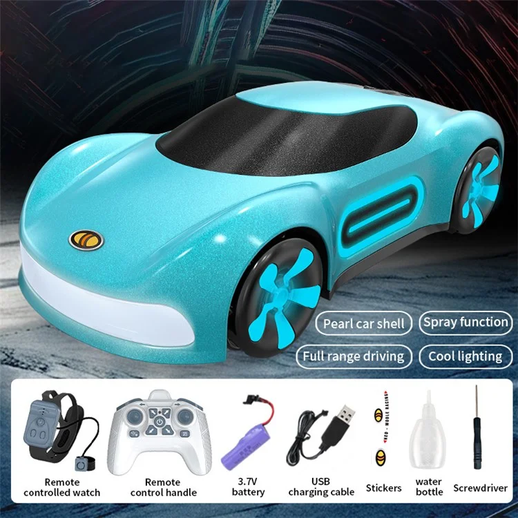 Q206 Style A Remote Control Sports Car with Light and Spray Simulated RC Vehicle , Handheld Remote + Watch Remote - Blue