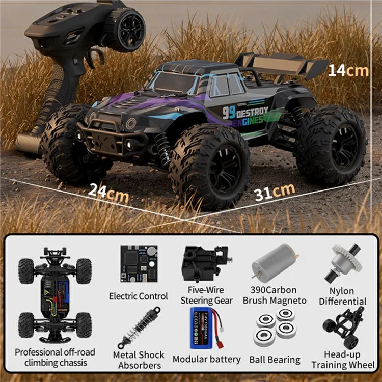 HW8806 1:16 Scale RC Car 4WD High Speed Off-Road Monster Truck Remote Control Vehicle - Black  /  Purple