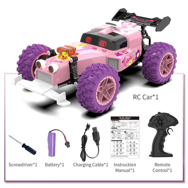 Coche de Carreras Teledirigido Q217 Estilo B 2.4G Todoterreno de Alta Velocidad con Luces LED, Batería Individual - Rosa