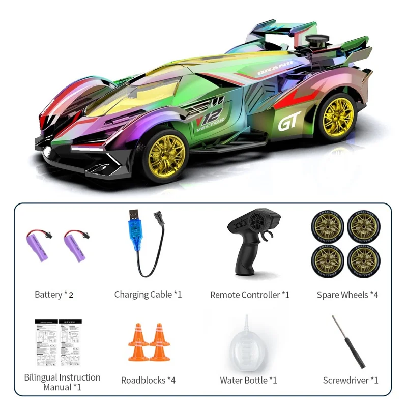 Carro RC Q219 4WD Drift Racing com Controle Remoto 2.4G, Holográfico a Laser, com Spray de Névoa e Bateria Dupla