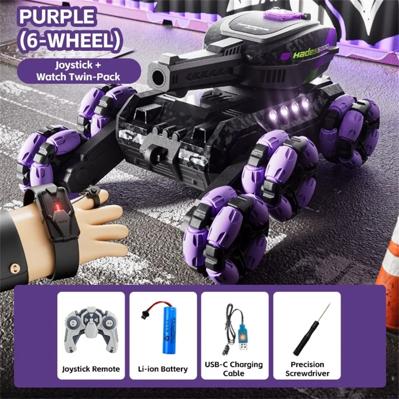 4DRC 4D-Y13 Wassergefechtskanone mit Doppelsteuerung, 6-Rad-Antrieb, RC-Stunt-Panzer, Geschenk für Kinder, mit 2 Akkus – Lila