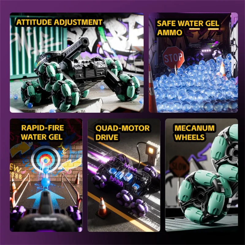 4DRC 4D-Y13 Wassergefechtskanone mit Doppelsteuerung, 6-Rad-Antrieb, RC-Stunt-Panzer, Geschenk für Kinder, mit 2 Akkus – Lila