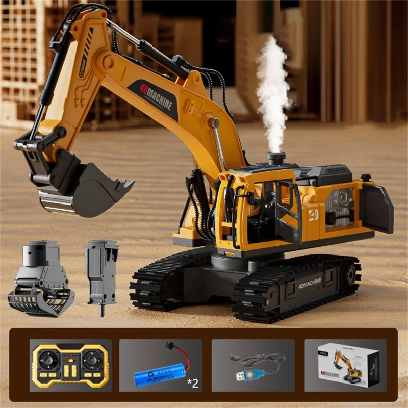 4DRC 4D-E1 3 in 1 Alloy 100m Remote Control Excavator Toy 2.4G RC Excavator Kids Gift with Light / Spray / Sound Effects Double Battery - Yellow