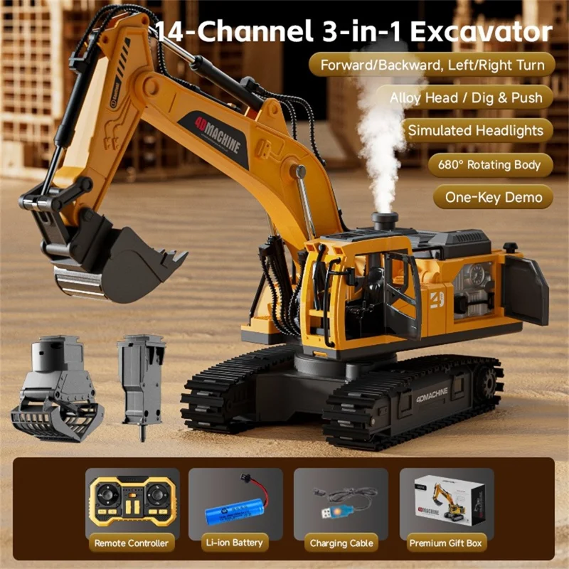 4DRC 4D-E1 3 in 1 Alloy 100m Remote Control Excavator Toy 2.4G RC Excavator Kids Gift with Light / Spray / Sound Effects Double Battery - Yellow