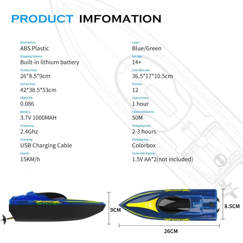 V555 2.4G RC Boat with LED Light High Speed Remote Control Racing Speedboat for Children Toy, with 1 Battery - Blue