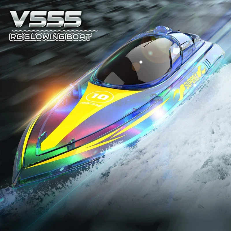 V555 2.4G RC Boat with LED Light High Speed Remote Control Racing Speedboat for Children Toy, with 1 Battery - Blue