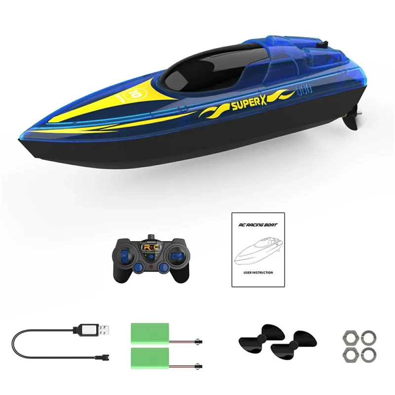 V555 2.4G RC Boat with LED Light High Speed Remote Control Racing Speedboat for Children Toy, with 2 Batteries - Blue