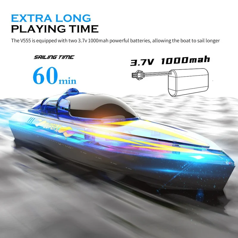 V555 2.4G RC Boat with LED Light High Speed Remote Control Racing Speedboat for Children Toy, with 2 Batteries - Blue
