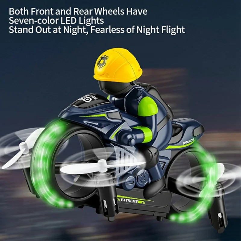2 in 1 Giocattolo Telecomandato Moto Volante Modalità Terra e Aria 7 Luci LED Colorate Giocattolo Moto Telecomando 2.4G - Blu