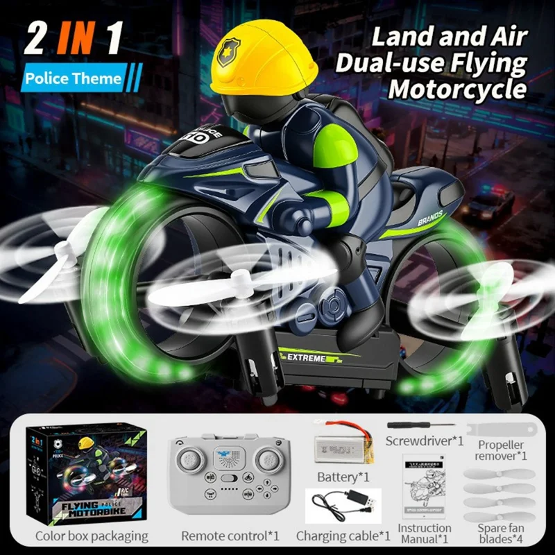 2 in 1 Giocattolo Telecomandato Moto Volante Modalità Terra e Aria 7 Luci LED Colorate Giocattolo Moto Telecomando 2.4G - Blu