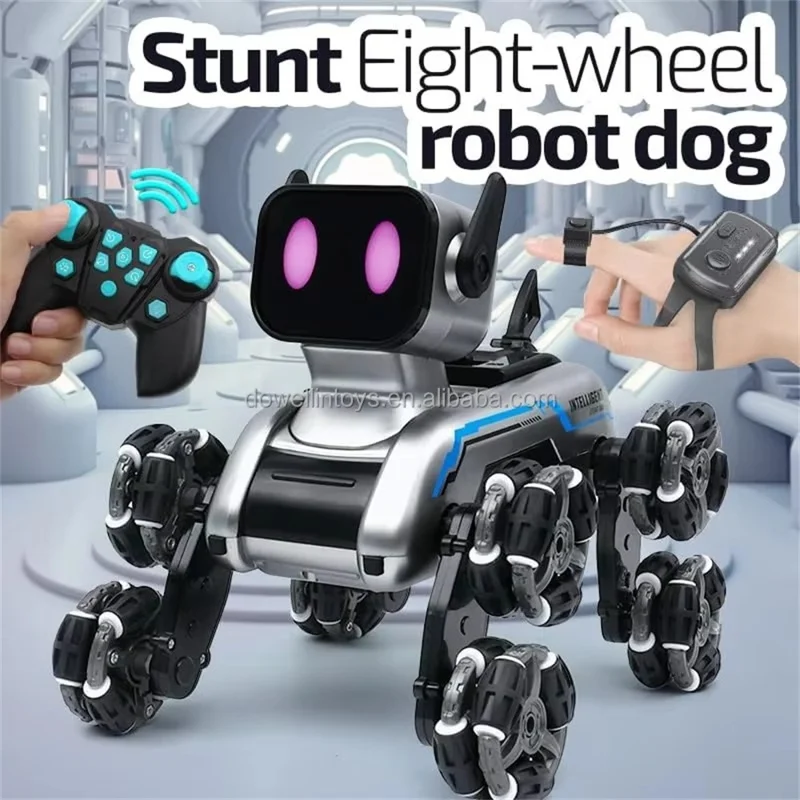 Robot chien stunt à 8 roues avec lumière LED et musique, chien jouet à contrôle à distance avec dérive de pulvérisation pour enfants