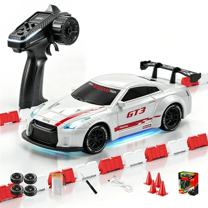 4DRC 4D-H6 1:43 Drift Racing Car 2.4G Remote Control 4WD RC Car with Ambient Light, High-end Version - GTR White