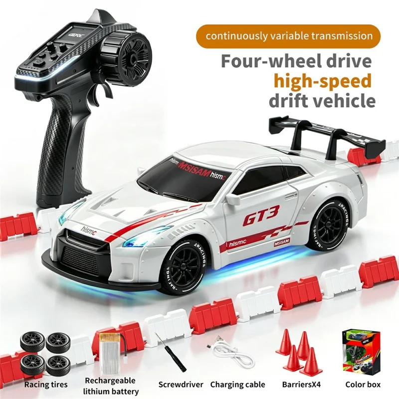 4DRC 4D-H6 1:43 Drift Racing Car 2.4G Remote Control 4WD RC Car with Ambient Light, High-end Version - GTR White