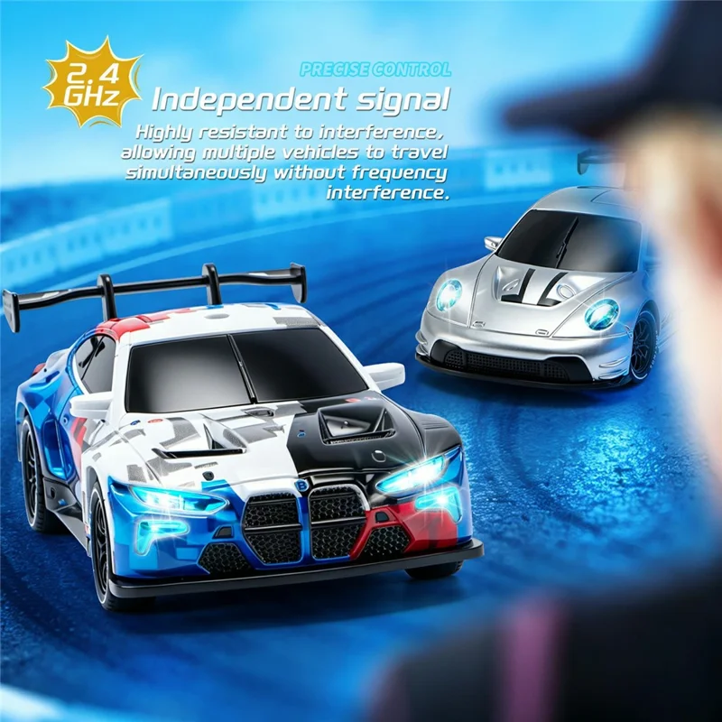 4DRC 4D-H6 1:43 Drift Racing Car 2.4G Remote Control 4WD RC Car with Ambient Light, High-end Version - GTR White