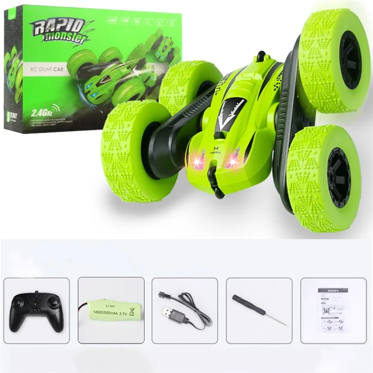 2.4GHz Remote Control Car Double Sided Rotating 360 Degree Flips Vehicle Stunt Toy with Headlight - Green