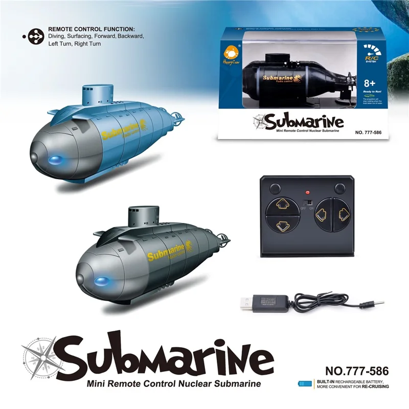 777-586 Wireless 6 Channels 2.4G RC Submarine with LED Lights Electric Mini Submarine Toy - Blue