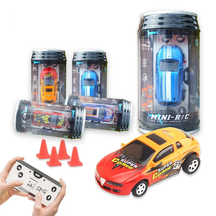 QT666 Mini 1:64 Drink Can Design RC Car with Remote Controller Road Blocks Drift Racing Car Toy Children Boys Gift - Blue